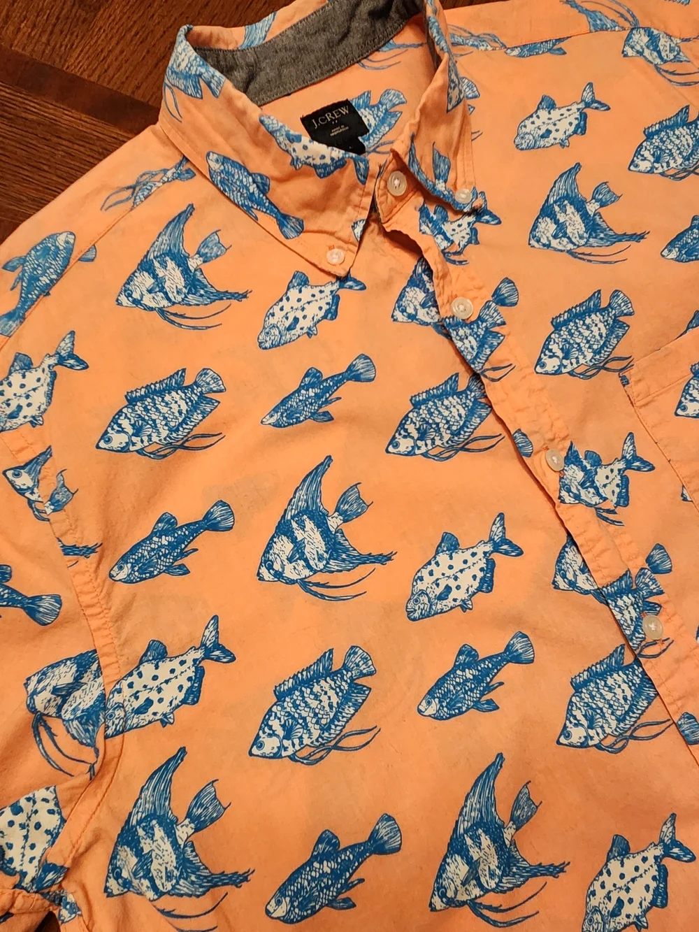 J.CREW Fisherman Orange Blue Fish Print Button-Down Short Sleeve Shirt Size L
